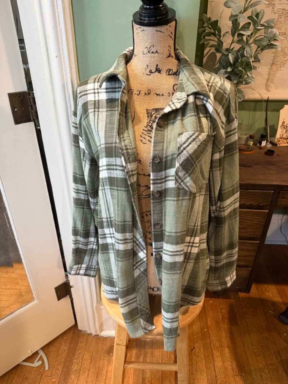 Maurices Olive and White Plaid Button-Front Shacket